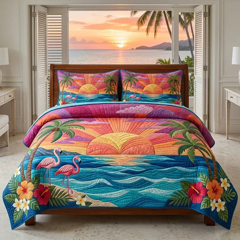 Flamingo Sunset Beach Bamboo Quilt Bedding Set