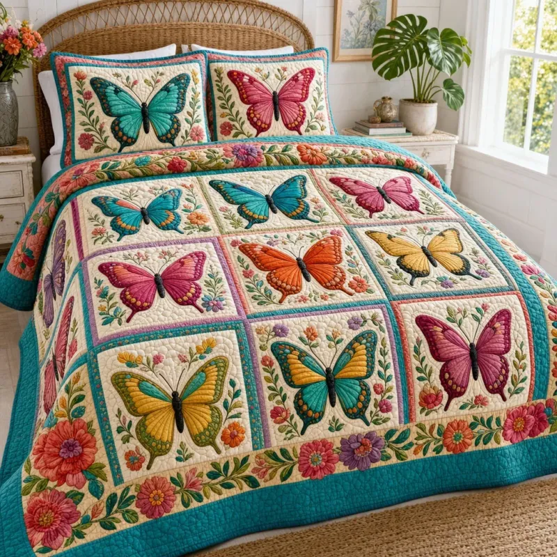 Floral Butterflies Bamboo Quilt Bedding Set