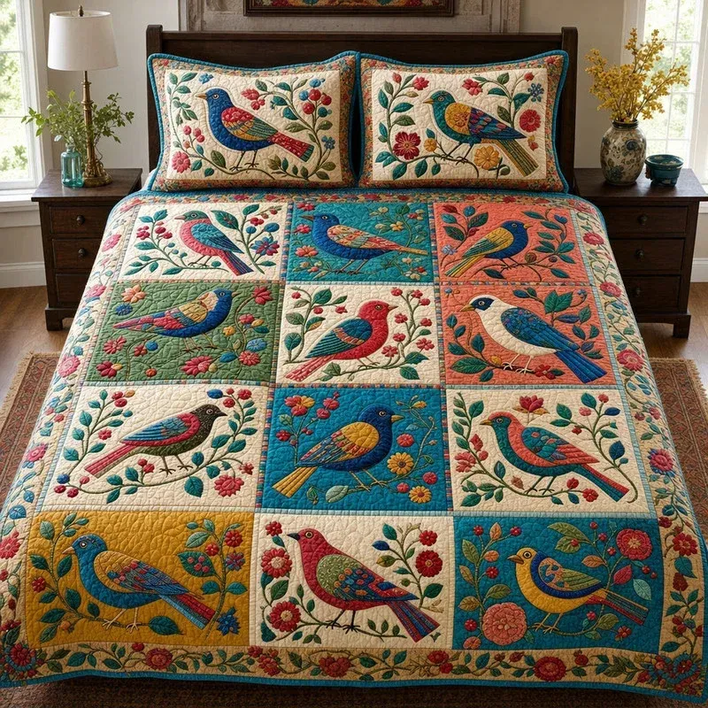 Folk Songbird Bamboo Quilt Bedding Set