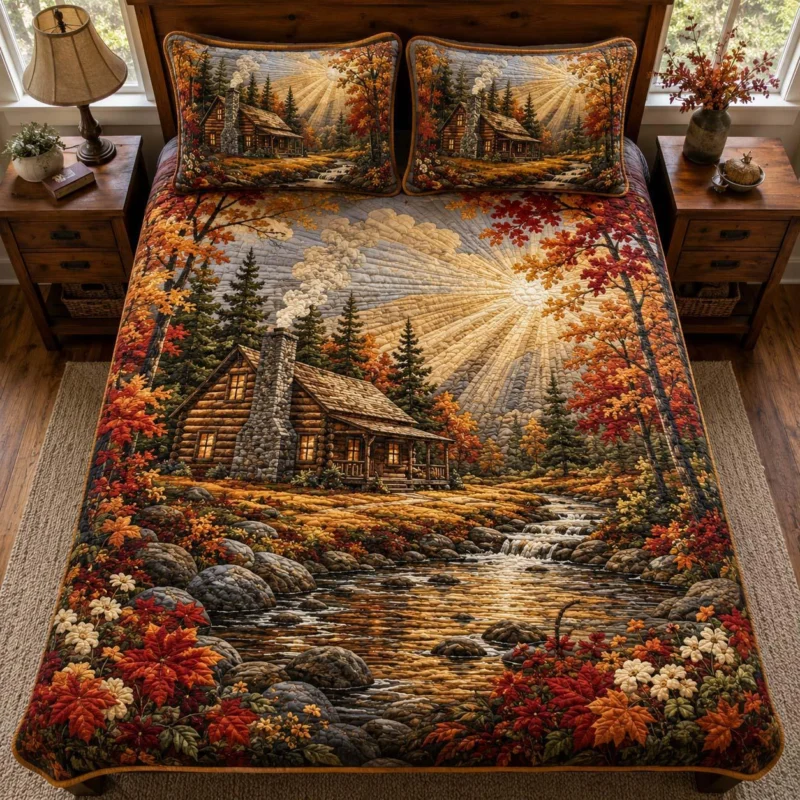 Forest Log Cabin Bamboo Quilt Bedding Set