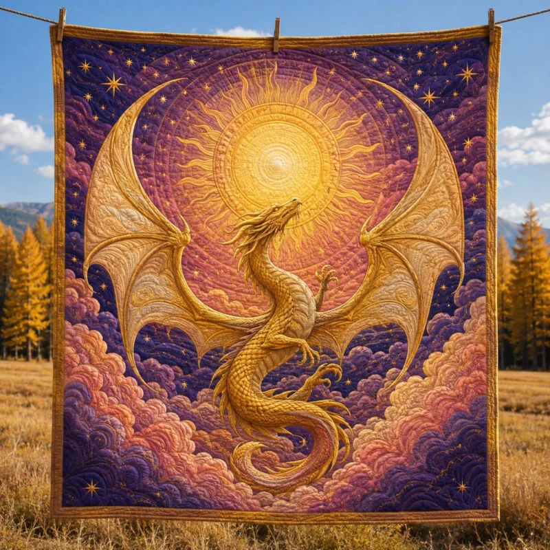 Golden Celestial Sun Dragon Bamboo Quilt Blanket