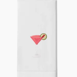 Henry Handwork white linen hand towel with embroidered cosmopolitan cocktail motif.