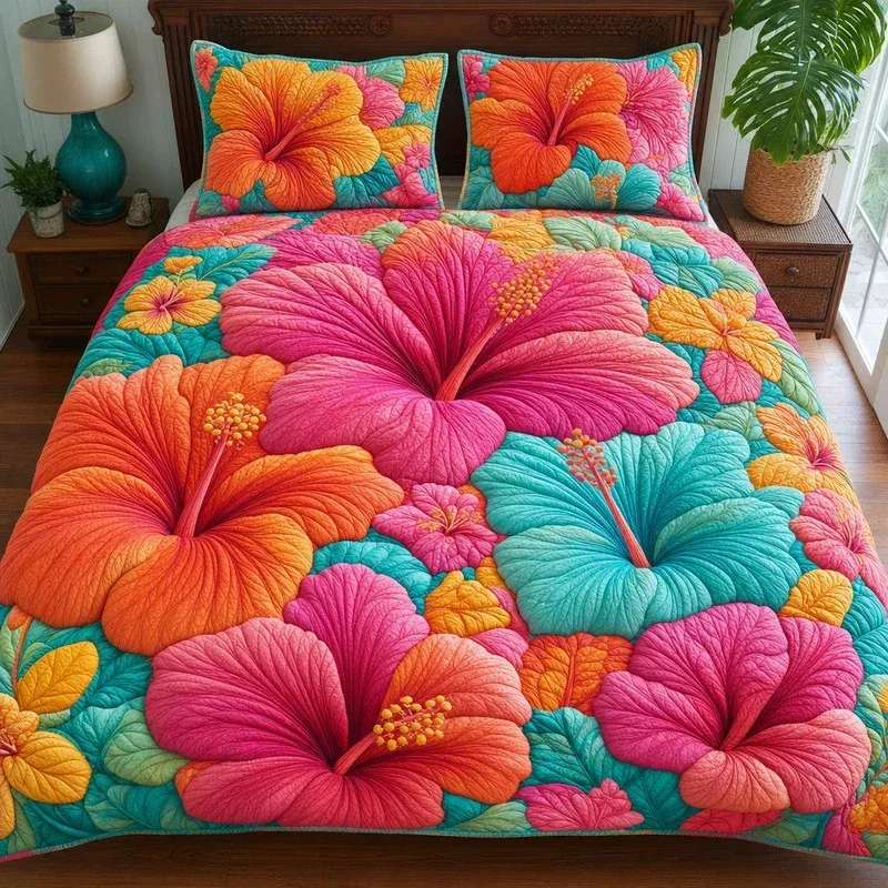 Hibiscus Tropical Bamboo Quilt Bedding Set