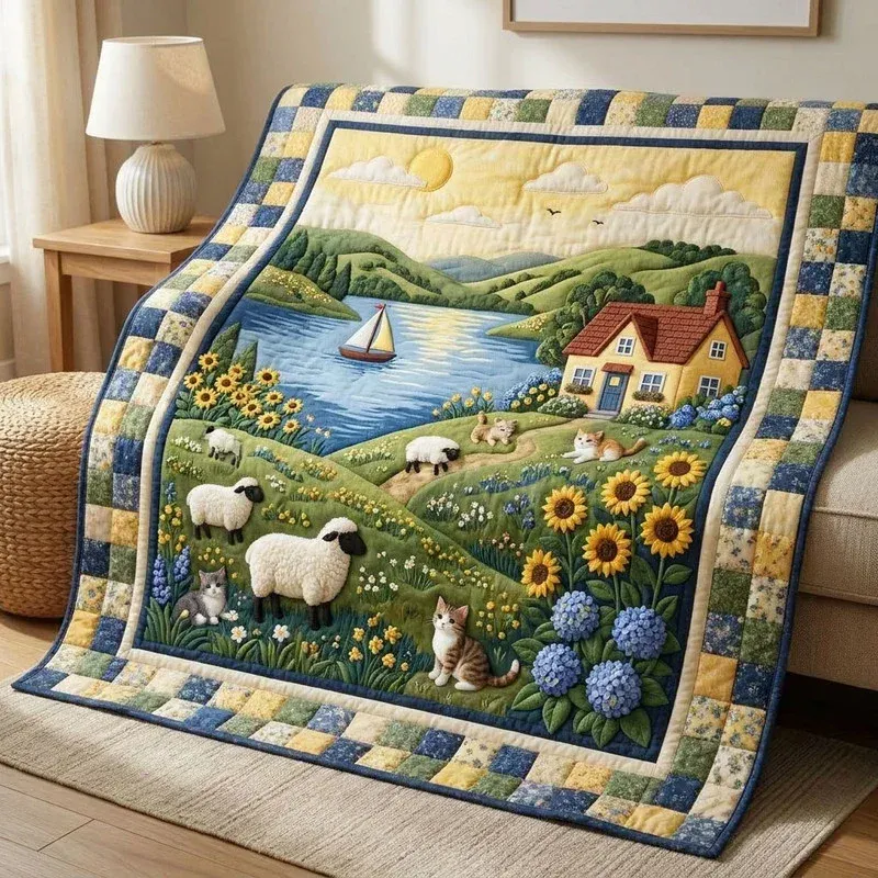 Hydrangea Hillside Sheep Bamboo Quilt Blanket