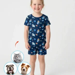 Astronaut Custom Pet Image Family Matching Bamboo Two Piece Short Sleeve Shorts Pajama Set
