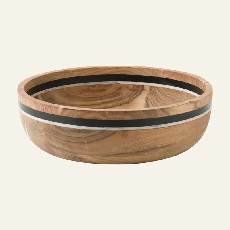 Juliska Stonewood Stripe acacia wood serving bowl with black and white marble inlay band.