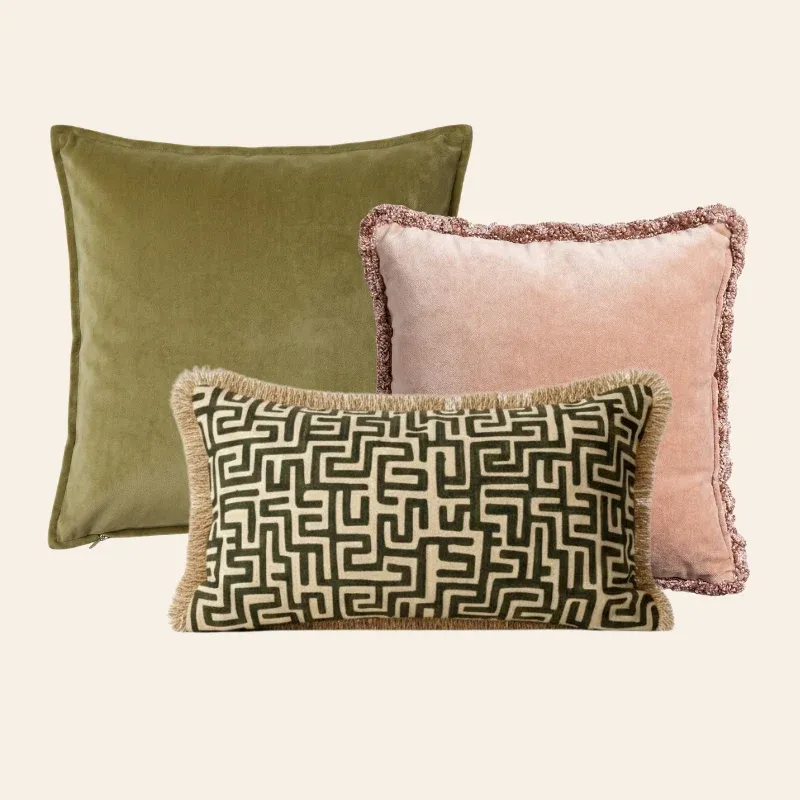 Kotabo sierkussenset Benthe – Set van 3 kussens – Perfect Pistache, Pretty in Pink & Olive Oasis