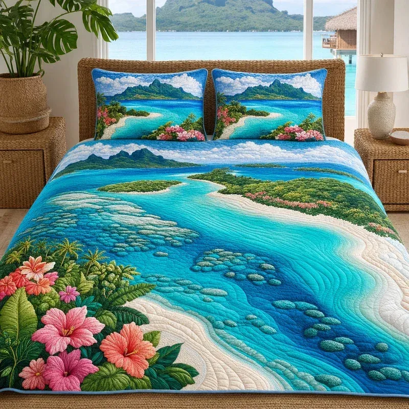 Lagoon Stripe Coastal Bamboo Quilt Bedding Set