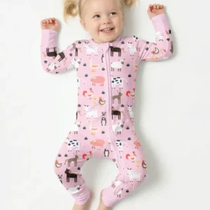 Pink Farm Animals Bamboo Convertible Zippered Romper