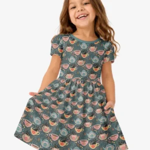 Folk Floral Black Cat Tea Party Bamboo Twirl Dress