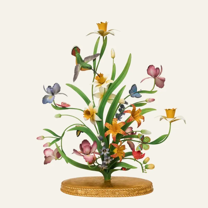 Juliska Meadow Walk centerpiece candelabra with hand-painted flowers, hummingbird, and gold base.