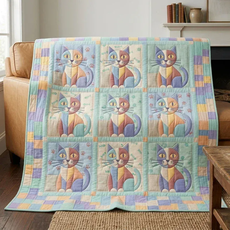Minty Meow Bamboo Quilt Blanket