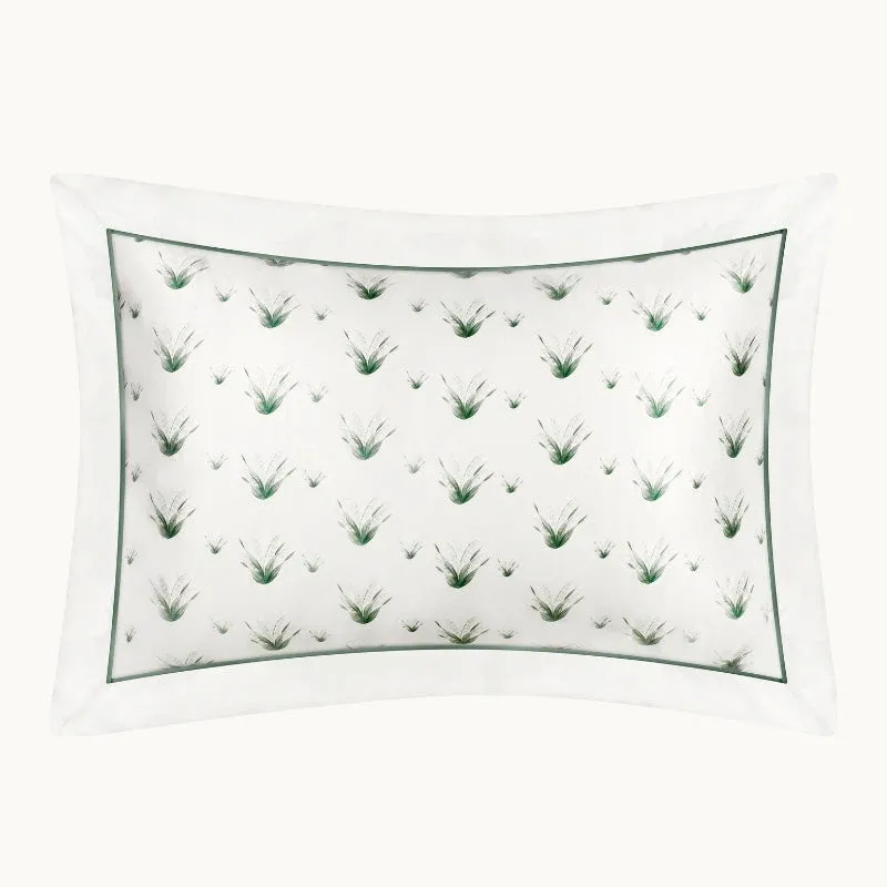 Gingerlily London Lily of the Valley silk pillowcase in ivory with green botanical print.