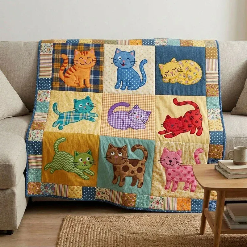Playful Patchwork Cats Bamboo Quilt Blanket