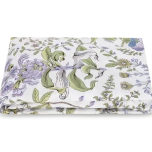 Matouk Pomegranate Schumacher fitted sheet, white with lavender and green floral print.