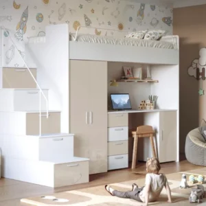 Kinderhochbett Dream Hochglanz – mit Schreibtisch, viel Stauraum & Matratze
