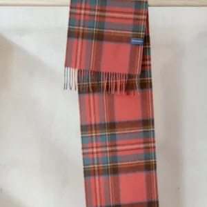 TBCo Lambswool Scarf in Stewart Royal Antique Tartan featuring traditional plaid pattern in coral, blue and brown with fringed ends