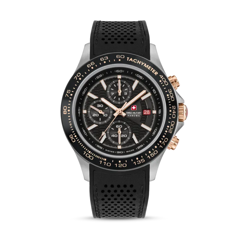 Herrenuhr mit schwarzem Zifferblatt, Chronograph, Tachymeter und perforiertem schwarzem Band