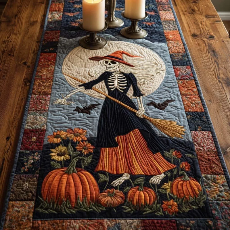 Skeleton Witch Night Quilt Table Runner