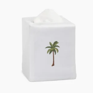 Henry Handwork white linen tissue box cover with embroidered green palm tree motif.