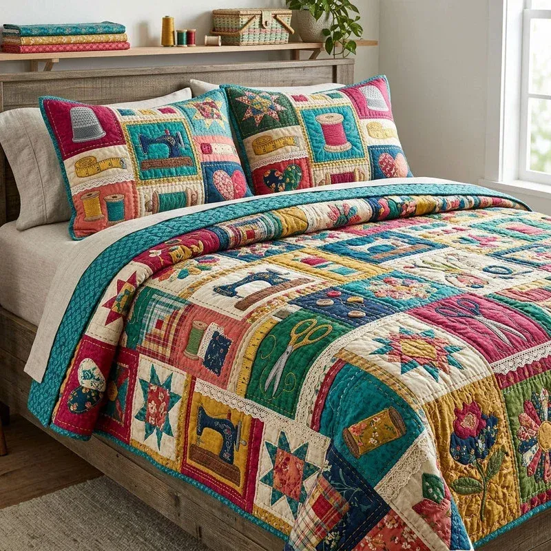 Vintage Sewing Bamboo Quilt Bedding Set