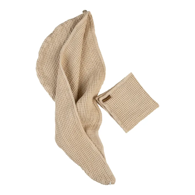 Waffle Washcloth & Hair Towel 2-Set in sand brown color