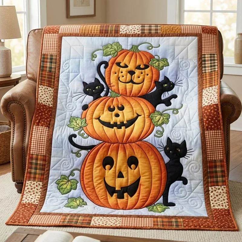 Whimsical Cat Pumpkin Bamboo Quilt Blanket