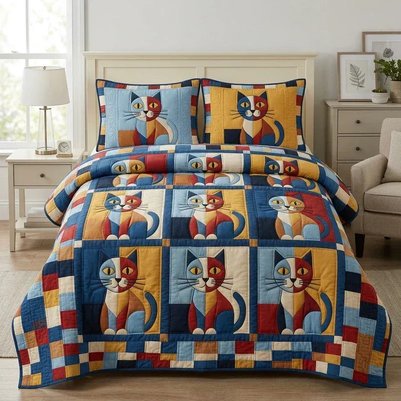 Whimsical Patchwork Cat Bamboo Quilt Bedding Set