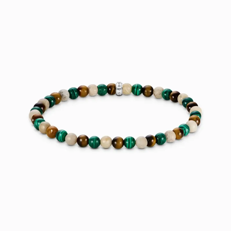 Perlenarmband aus grünen und braunen Steinperlen mit silbernem Spacer-Element