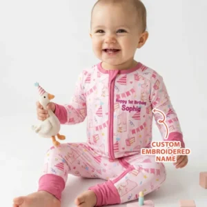 1st Birthday Girl Embroidered Baby Bamboo Convertible Zippy