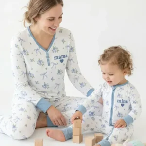 Mommy and Me Matching Embroidered Baby Bamboo Women Pajama Set