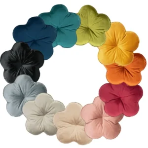 Kissen in Form einer Blume ca. 50 cm Ø rundes Deko Formkissen Sitzkissen gefüllt aus der beties Samt&Sonders Serie. In den uni Farben mai-gruen, curry-senf-gelb, rost-orange, karmin-rot, altrosa, braun-beige, taupe, stein-grau, schwarz, admiral-blau und petrol.