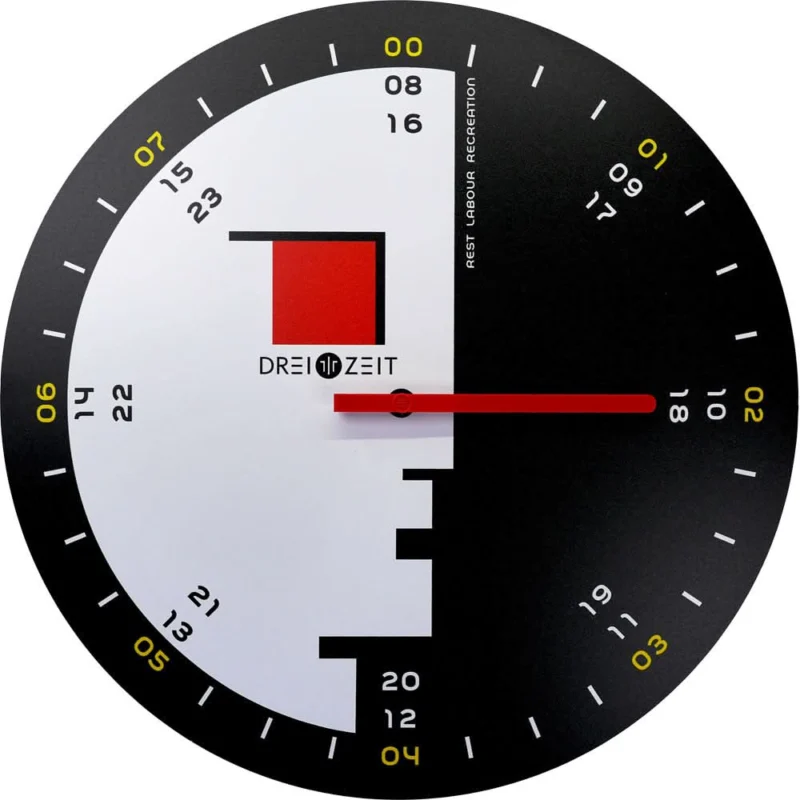 Wanduhr mit rundem Zifferblatt, Schwarz-Weiß, rote Zeiger und Indexe im 35-cm-Design