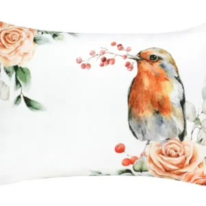 Weisse Kissenhuelle ca. 25x35 cm – Winterdeko mit Rotkelchen, orangen, gefrosteten Rosen und Zweigen – 100% Baumwolle – Aus der beties Magie des Winters "Frost-Rose Rotkelchen" Kollektion.
