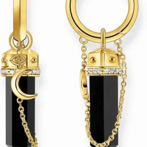 Ohrringpaar mit goldfarbener Creole und schwarzem Onyx-Tropfenanhänger, Kette dran