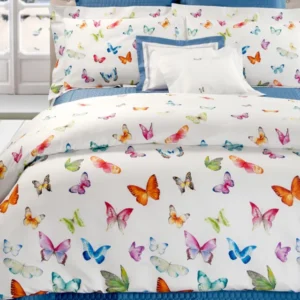 Dea Farfalle sateen fitted sheet in white with multicolor butterfly print.