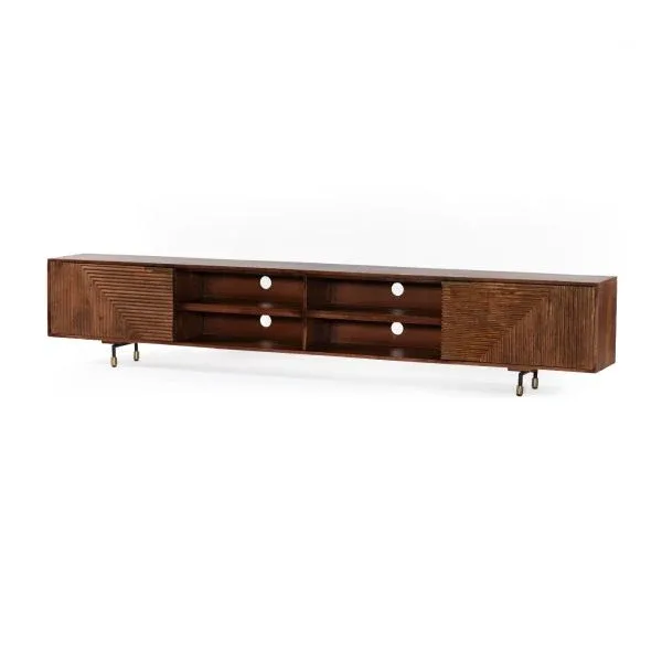 FLUTED TV-Board Lowboard 270 braun Mangoholz Riffeloptik Metallfüße schwarz-gold