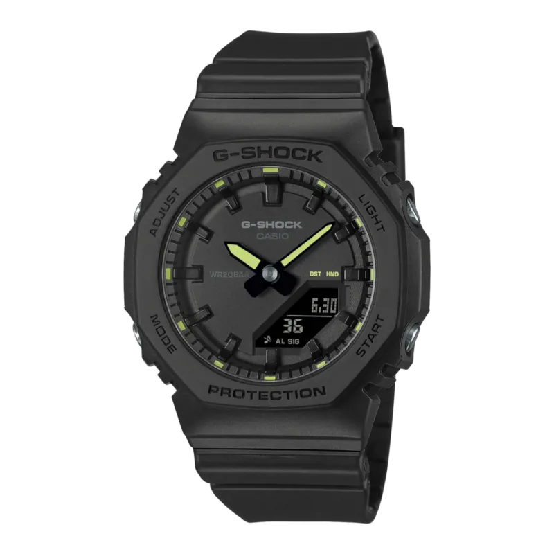 G-Shock-Armbanduhr für Damen, schwarzes Harzband, analoges Zifferblatt mit neonfarbenen Akzenten