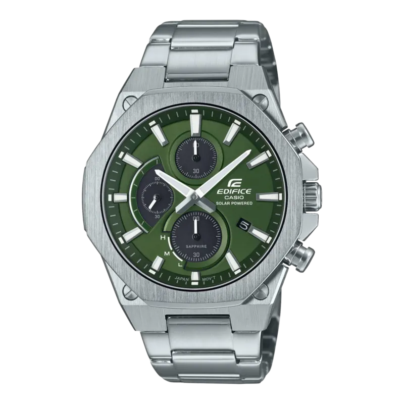 Casio Edifice Herrenuhr mit grünem Zifferblatt, Chronographenanzeigen und Stahlarmband