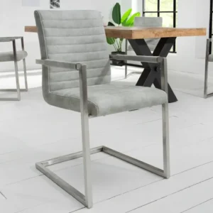 LOFT Industrial Freischwinger Stuhl stone grau mit Armlehne Edelstahlgestell