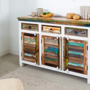 JAKARTA Einzigartiges Sideboard 124cm Mango weiß bunt recyceltes Massivholz aus Fischerbooten