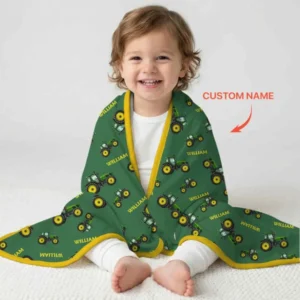 Custom Name Green Tractors Matching Daddy & Me Bamboo Blanket