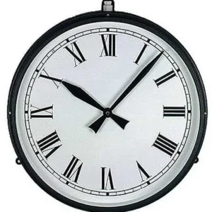 Runde Wanduhr mit schwarzem Rahmen, weißem Zifferblatt und römischen Zahlen