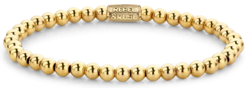 Goldplattiertes Armband aus Edelstahlperlen, runde Perlenkugeln, mit Rebel&Rose-Beschriftung