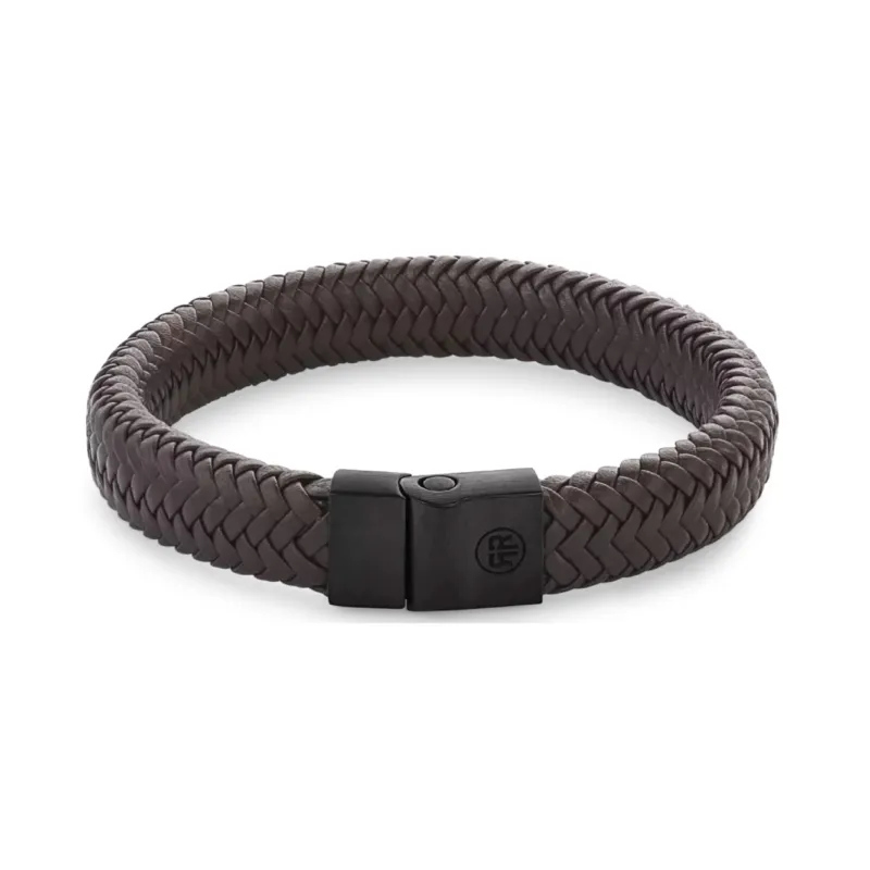 Geflochtenes Lederarmband, dunkelbraun, mit schwarzem Edelstahlverschluss und Prägung