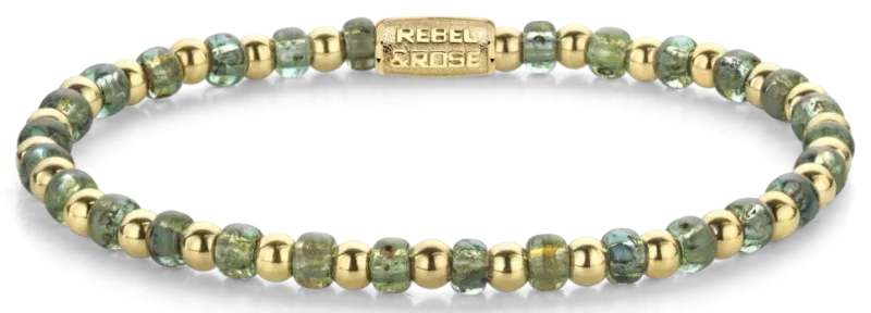 Armband mit grünen Glassteinen, goldfarbenen Edelstahlperlen und Verschluss