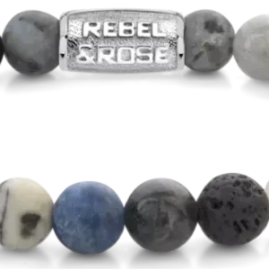 Steinarmband mit runden Perlen in Grau und Blau, Metallverschluss mit Label