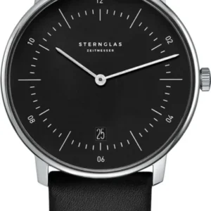 Herrenuhr mit schwarzem Zifferblatt, schwarzem Lederband und Saphirglas