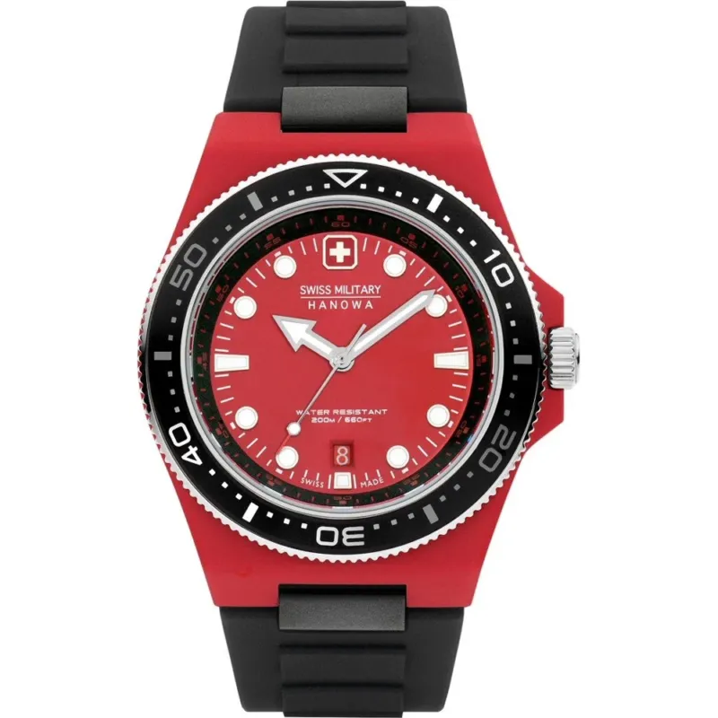 Herren-Taucheruhr mit rotem Zifferblatt, schwarzer Lünette und schwarzem Silikonarmband