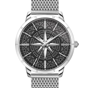Herrenarmbanduhr mit silbernem Metallband und schwarzem Zifferblatt mit Ornamenten